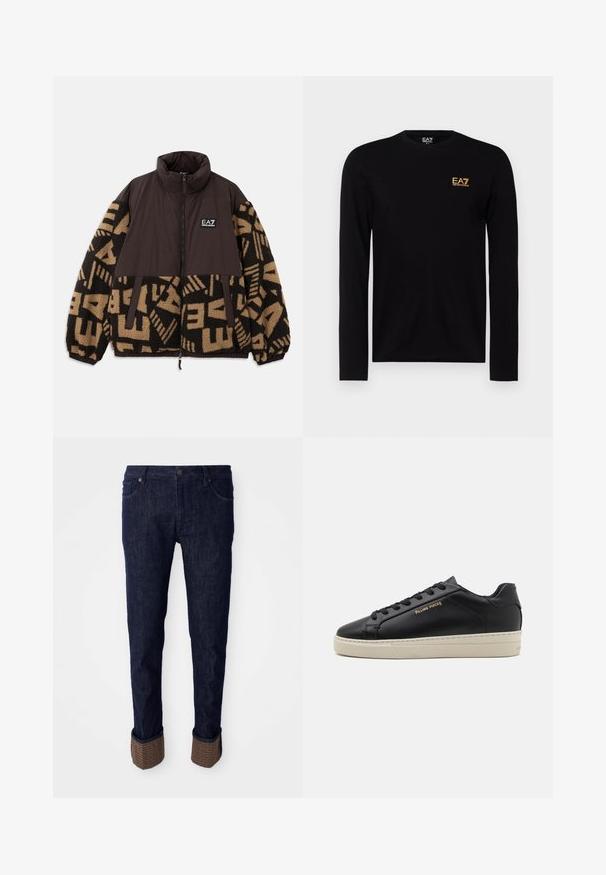 Hnedá a béžová bundu na zips s fleece textúrou, geometrickými vzormi na rukávoch, vysokým golierom a značkovým logom na hrudi.; Čierne tričko s dlhým rukávom vyrobené z bavlny, s logom EA7 v zlatej farbe na ľavej hrudi. Návrh s okrúhlym výstrihom a priliehavými rukávmi.; Tmavomodré denimové nohavice so sviežim strihom, s rolovanými manžetami z textúrovaného hnedého materiálu s logom. Štandardný dizajn s piatimi vreckami.; Čierne kožené tenisky s hladkým povrchom, kontrastnou krémovou podrážkou, zaoblenou špičkou, zlatým logom na boku a šiestimi dierkami na šnúrky.