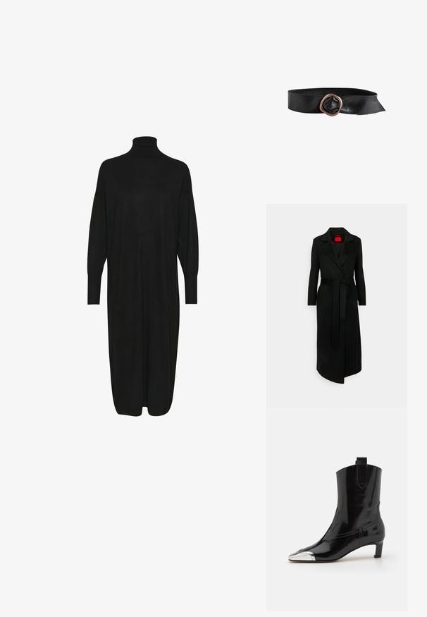 Abrigo largo de mezcla de lana negra con cuello muesca, cintura ceñida con cinturón y mangas largas. Presenta un forro interior rojo y una silueta elegante.; Vestido negro de punto con un cuello alto tipo mock, mangas largas y un corte holgado. Textura suave con una longitud hasta la mitad de la pantorrilla y sin patrones ni acentos visibles.; ALOHAS SHIMMER BICOLOR BOOTS - Botines - black/silver; Cinturón de cuero negro con una banda ancha y una gran hebilla metálica irregular de color cobre.