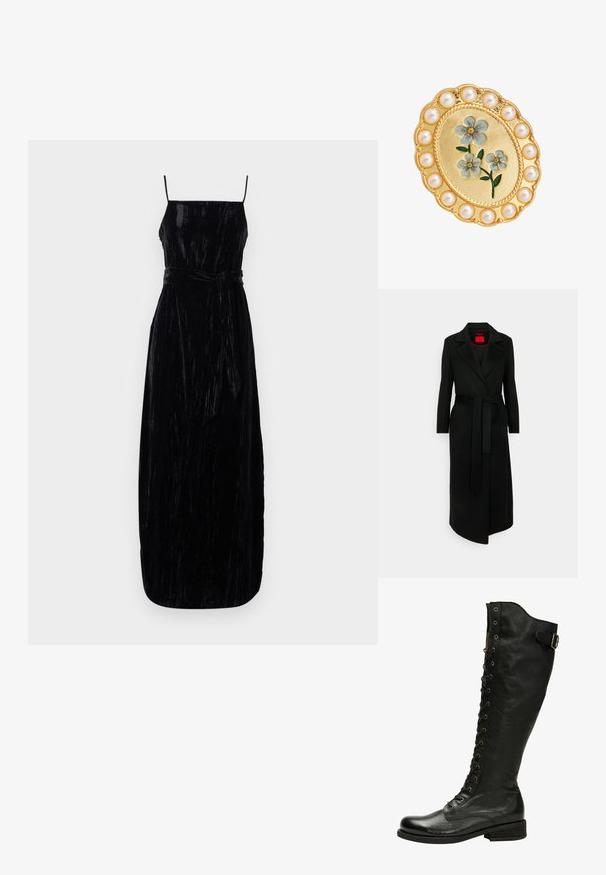Sort uldblandingslang frakke med halvmandskrave, bælte i taljen og lange ærmer. Har en rød inderforet og en slank silhuet.; Sort velour maxi kjole med spaghetti stropper, en tætsiddende bodice og et matchende bindebælte i taljen. Teksturér stof med en let glans.; Sorte læder knæhøje støvler med snørebånd foran, sølvøjer og sidebælte. Har en tekstureret overflade og stablet hæl.; Guld ovalt broche med blå emalje blomster i midten, omgivet af en kant af runde hvide perler.