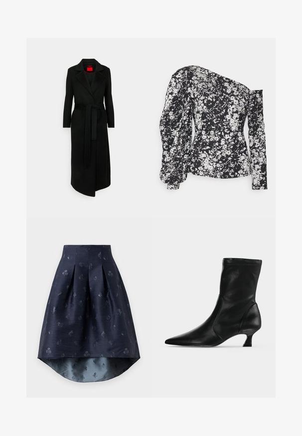 Mustast villast segust pikendatud mantel, millel on nurgelised kraed, vöökoht ja pikad varrukad. Omab punast sisepinda ja kenasti voolujoonelist siluetti.; April & Alex ESSIE BLOUSE - Pluus - mixed; Tumesinine kõrge-madal seelik voldidega ja mõõduka mängukaardimustriga veidi läikivas kangas.; Mustast nahast keskvarskoobits terava otsa ja madala kitsekontsaga, külgvaates heledal ühevärvilisel taustal.