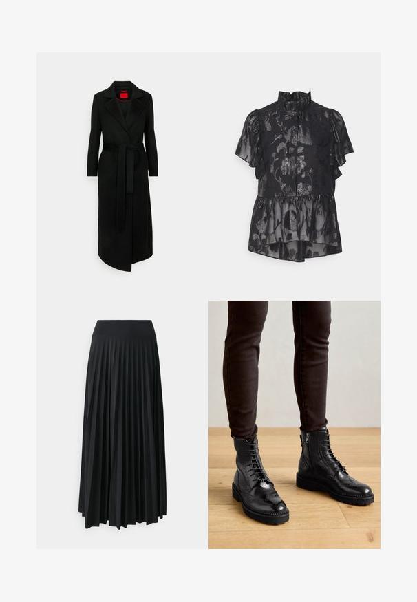 Manteau long en mélange de laine noire avec un col en pointe, une taille ceinturée et des manches longues. Présente une doublure intérieure rouge et une silhouette épurée.; Blouse noire avec des manches volantes, col montant et motif floral en tissu brillant. Design en peplum superposé avec texture transparente. Fermeture à boutons.; Jupe maxi plissée noire avec une large ceinture élastique. Fabriquée en tissu doux et fluide, elle présente des plis verticaux pour une texture supplémentaire.; Bottines en cuir noir avec des détails de brogue, un laçage à l'avant, des fermetures éclair sur les côtés et des semelles en caoutchouc texturé. Associées à un pantalon slim noir.