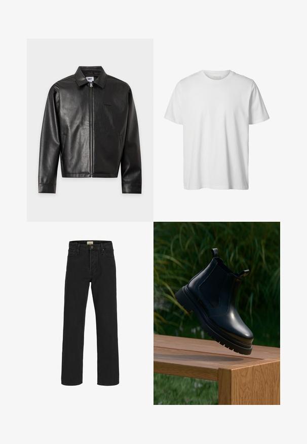 Μαύρο κα jacket από συνθετικό δέρμα με ολόκληρο φερμουάρ μπροστά, κλασικό γιακά, πλευρικές τσέπες, μακριά μανίκια και μικρό λογότυπο στο στήθος.; Απλό λευκό κοντομάνικο μπλουζάκι με στρογγυλή λαιμόκοψη, άνετη εφαρμογή και χωρίς ορατά λογότυπα ή σχέδια στο μπροστινό μέρος.; Μαύρο τζιν παντελόνι κανονικής γραμμής με πέντε τσέπες, κλείσιμο με κουμπί και θηλιές για ζώνη, παρουσιασμένο με την μπροστινή όψη σε λευκό φόντο.; Μαύρη δερμάτινη μποτάκι Chelsea με στρογγυλή μύτη, παχιά καουτσούκ σόλα και πλάγιες ελαστικές πινακίδες, τοποθετημένη σε ξύλινη επιφάνεια με φ foliage στο background.