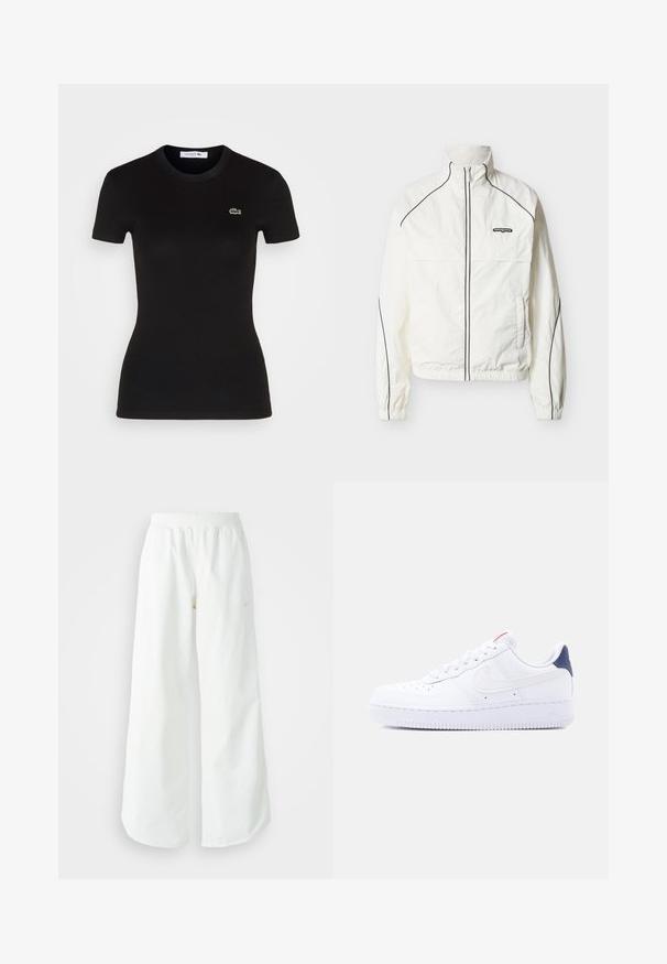 Hvid, letvægtsjakke med høj krave, sort piping langs sømmene og lynlås foran. Har et logo på den øverste venstre side.; Sort ribbet t-shirt med korte ærmer og rund hals, med et lille grønt Lacoste krokodillelogo på venstre bryst.; Hvide athletic bukser med vidde, ribbet talje og subtile logo detaljer. Glat stof med en afslappet pasform og tapered hals.; Hvid lavtop sneaker med perforeringer på tåen, hvide snørebånd, en hvid swoosh-logo og en mørkeblå hælflig.