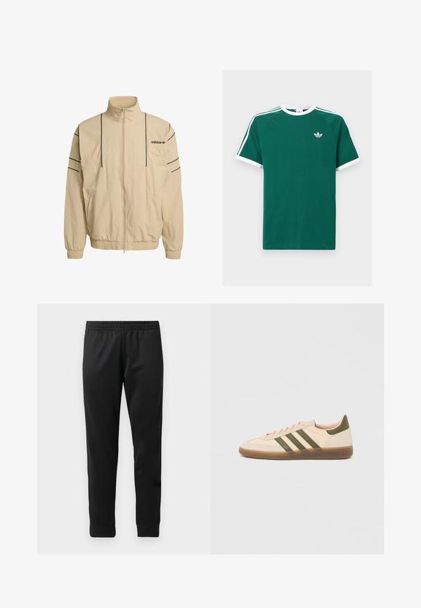Beige Jacke mit Reißverschluss, hohem Kragen, schwarzen Seitenstreifen, elastischen Bündchen und Adidas-Logo auf der Brust. Hergestellt aus leichtem Material.; Grünes Baumwoll-T-Shirt mit weißen Akzenten, ausgestattet mit kurzen Ärmeln, einem Rundhalsausschnitt und drei weißen Streifen an jeder Schulter. Kleines Logo auf der Brust.; Schwarze Sporthosen aus glattem Stoff, mit einem elastischen Bund, schmal zulaufenden Beinen und gerippten Bündchen an den Knöcheln.; Flacher, beigefarbener Adidas Spezial Sneaker mit grünen Streifen, Gummisohle und "SPEZIAL" Schriftzug an der Seite, von der Außenseite gezeigt.