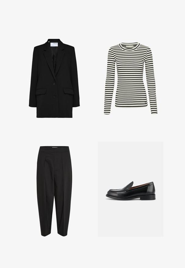 Blazer negro con un diseño de un solo botón, dos bolsillos frontales y dos botones. Confeccionado en una tela texturizada con un forro interior suave.; Camisa de manga larga a rayas blancas y negras con una textura acanalada y un escote redondo. Presenta un pequeño logo en la parte inferior delantera.; Pantalones negros con una tela suave, con cintura alta, pliegue central y perneras ajustadas. Sin bolsillos visibles ni adornos.; Mocasín negro de piel sin cordones con tacón bajo, puntera redondeada y costuras estilo mocasín en la parte superior, mostrado desde el lado exterior.