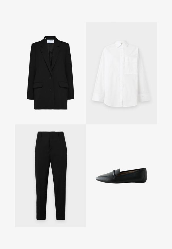 Schwarzer Blazer mit einreihigem Design, zwei vorderen Taschen und zwei Knöpfen. Hergestellt aus strukturiertem Stoff mit einem glatten Innenfutter.; Weißes Hemd aus Baumwolle. Merkmale sind lange Ärmel, ein Kragen und eine einzelne Brusttasche. Glatte Textur, klassisches Design.; Schwarze Hosen mit maßgeschneidertem Schnitt, die seitliche Taschen, eine glatte Textur und ein elegantes Design aufweisen, das sich zum Knöchel hin verjüngt.; Schwarzer flacher Lederloafer mit abgerundeter Spitze und einem Riemendetail über dem Spann, seitlich dargestellt.