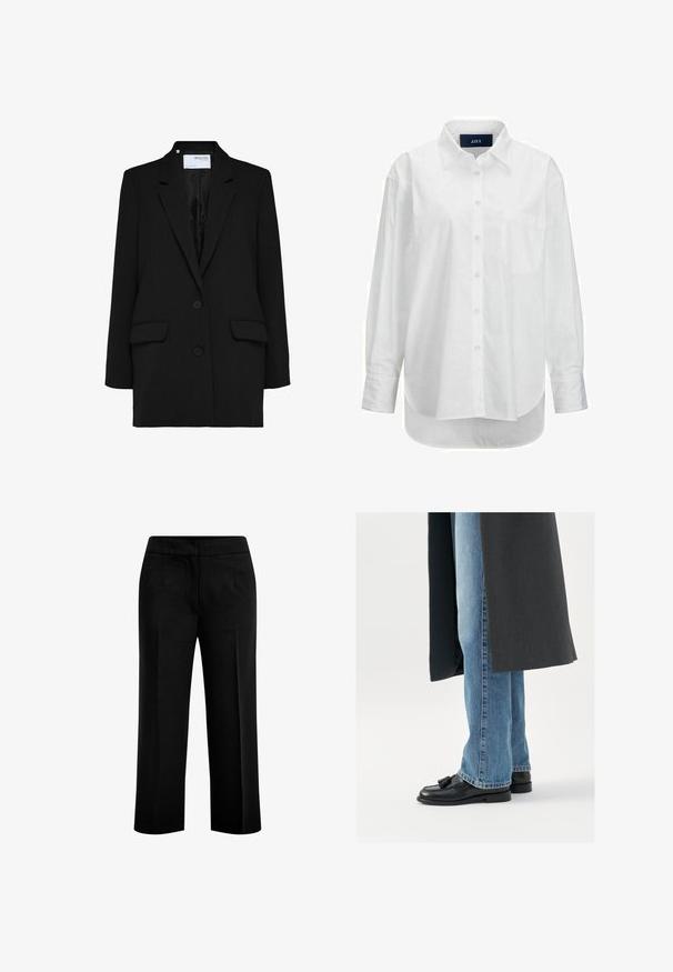 Schwarzer Blazer mit einreihigem Design, zwei vorderen Taschen und zwei Knöpfen. Hergestellt aus strukturiertem Stoff mit einem glatten Innenfutter.; Weißes Langarmhemd aus glattem Baumwollstoff mit Button-Down-Kragen, Brusttasche und abgerundetem Saum. Verfügt über eine Schulterpasse für zusätzliche Struktur.; Schwarze, weite Hosen aus glattem Stoff mit zwei vorderen Taschen und einem flachen Bund. Maßgeschneiderter Schnitt mit klarer Silhouette.; Schwarze Leder Slipper mit Quasten, getragen mit hellblauen geraden Jeans, ergänzt durch einen dunkelgrauen Mantel. Klare Linien und strukturierter Stoff.