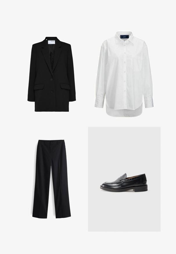 Zwarte blazer met een enkelvoudig ontwerp, twee voorzakken en twee knopen. Gemaakt van textuurstof met een gladde binnenvoering.; Witte lange mouwen shirt van glad katoen met een button-down kraag, voorzak en ronde zoom. Heeft een achterpand voor extra structuur.; Zwarte wijde broek met een gladde stof, een platte voorkant, riemlussen en zijzakken, ontworpen voor een relaxte pasvorm.; Zwarte leren instappers met een gestikt ontwerp, ronde neus, lage gestapelde hak en met een reliëflogo aan de zijkant. Soepele textuur.