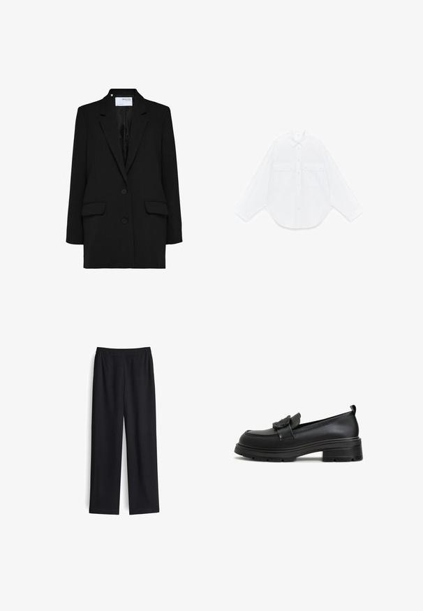 Schwarzer Blazer mit einreihigem Design, zwei vorderen Taschen und zwei Knöpfen. Hergestellt aus strukturiertem Stoff mit einem glatten Innenfutter.; Weißes langärmliges Hemd mit Knöpfen, spitzem Kragen und zwei vorderen Pattentaschen mit Knöpfen, auf weißem Hintergrund flach liegend.; Schwarze weite Hose aus glattem Stoff mit elastischem Bund und ohne sichtbare Taschen. Gerade Form mit sauberem Finish.; Schwarze Lederloafers mit einer runden Zehenform, einer Schleifenakzent und einer strukturierten Gummi-Sohle. Leicht erhöhter Blockabsatz für zusätzliche Höhe und Stabilität.