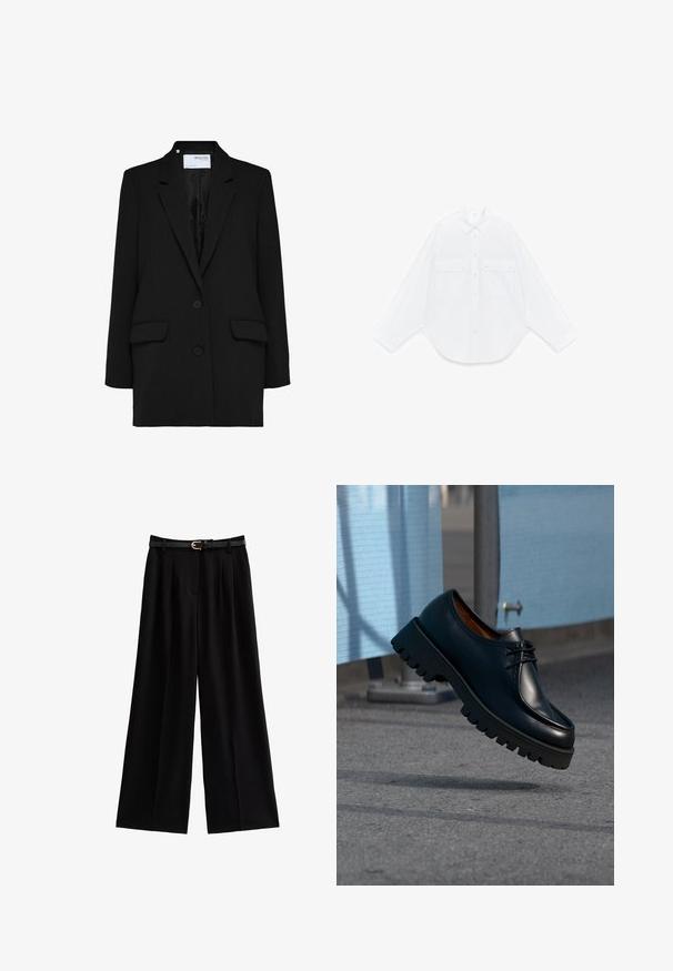 Zwarte blazer met een enkelvoudig ontwerp, twee voorzakken en twee knopen. Gemaakt van textuurstof met een gladde binnenvoering.; Wit overhemd met lange mouwen, knopen, een puntige kraag en twee voorzakken met kleppen en knopen, platgelegd op een witte achtergrond.; Wijde zwarte broeken van zacht materiaal, met scherpe plooien en een gestructureerde zwarte riem met een gouden gespaccent.; Zwarte leren schoen met dikke zool die boven een grijs voetpad zweeft, met blauwe bouwhekken op de achtergrond.