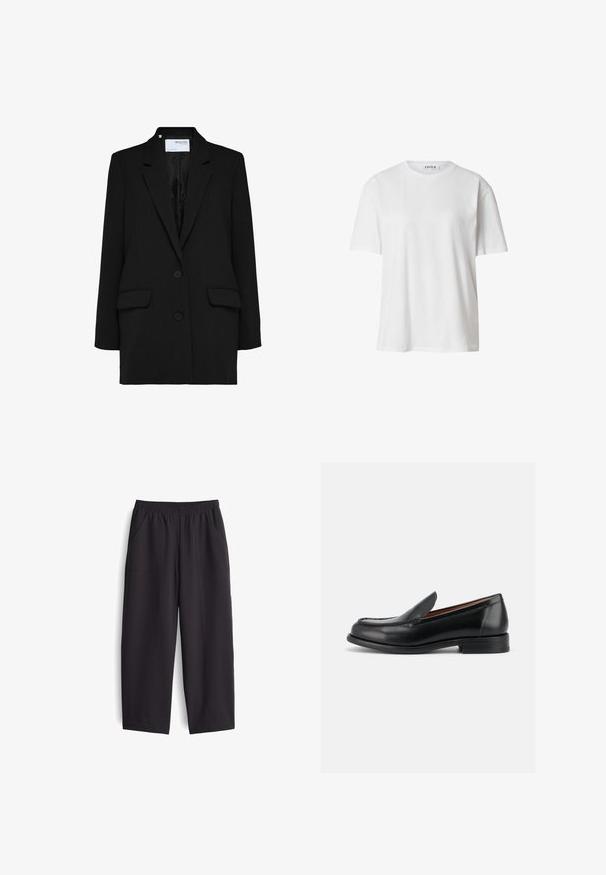 Schwarzer Blazer mit einreihigem Design, zwei vorderen Taschen und zwei Knöpfen. Hergestellt aus strukturiertem Stoff mit einem glatten Innenfutter.; Weißes Baumwoll-T-Shirt mit rundem Ausschnitt, kurzen Ärmeln und lockerer Passform. Einfaches Design ohne sichtbare Muster oder Akzente.; Schwarze, weit geschnittene Hosen aus glattem Stoff. Mit elastischem Bund und zwei Seitentaschen, versehen mit sichtbaren Nähdetails.; Schwarzer Leder-Slipper mit niedrigem Absatz, runder Spitze und Mokassin-artiger Naht oben, von der Außenseite gezeigt.