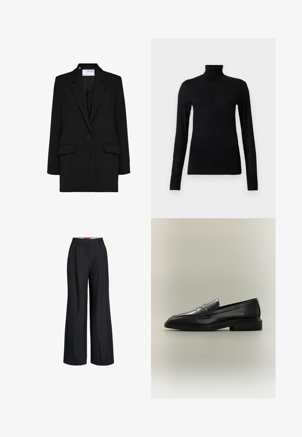 Blazer noir à design à un bouton, avec deux poches avant et deux boutons. Fabriqué en tissu texturé avec une doublure intérieure lisse.; Pull à col roulé noir en matériau doux et léger. Il a des manches longues et une coupe ajustée avec un col haut.; Pantalon large noir avec passants de ceinture et fermeture éclair à l'avant, présenté sur fond blanc.; Mocassin penny en cuir noir avec petit talon, bout arrondi et détails cousus sur fond neutre.