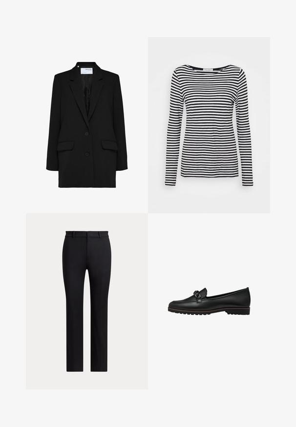 Blazer noir à design à un bouton, avec deux poches avant et deux boutons. Fabriqué en tissu texturé avec une doublure intérieure lisse.; T-shirt à manches longues et col rond affichant un motif rayé noir et blanc. Fabriqué en tissu doux avec une coupe régulière. Design épuré et minimal.; Pantalon noir à jambes droites avec passants de ceinture et coupe slim, présenté sur un fond clair uni.; Mocassins en cuir noir avec un accent tressé à l'avant, semelle en caoutchouc plate et détails cousus le long du bord.