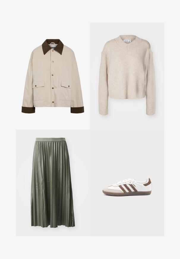 Noisy May NMNORA COLLAR JACKET - Letná bunda - silver; Weekday REESE V NECK - Svetrík - light mole; Sukňa s plisé v tlmenej zelenej farbe, vyrobená z lesklého materiálu. Má elastický pás a siaha po stred teľ a má rovnomerne rozmiestnené vertikálne plisé.; Biele tenisky Adidas Samba s hnedými semišovými pruhmi, hnedou gumovou podrážkou a béžovým semišovým špicom, zobrazené z vonkajšej strany na jednofarebnom pozadí.
