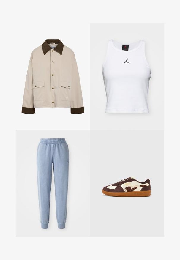 Noisy May Short - Leichte Jacke - silver; Weißes Crop-Top aus Baumwolle mit geripptem Struktur. Verfügt über ein schwarzes Jordan-Logo in der Mitte und einen klassischen Rundhalsausschnitt.; Blaue Jogginghose aus weichem Stoff mit elastischem Bund und Bündchen; verfügt über eine dezente Textur und ein kleines Logo auf einer Seite.; Brauner und cremefarbener Puma Palermo Sneaker mit Gummisohle und Tierprint-Detail an der Seite, seitlich auf neutralem Hintergrund gezeigt.