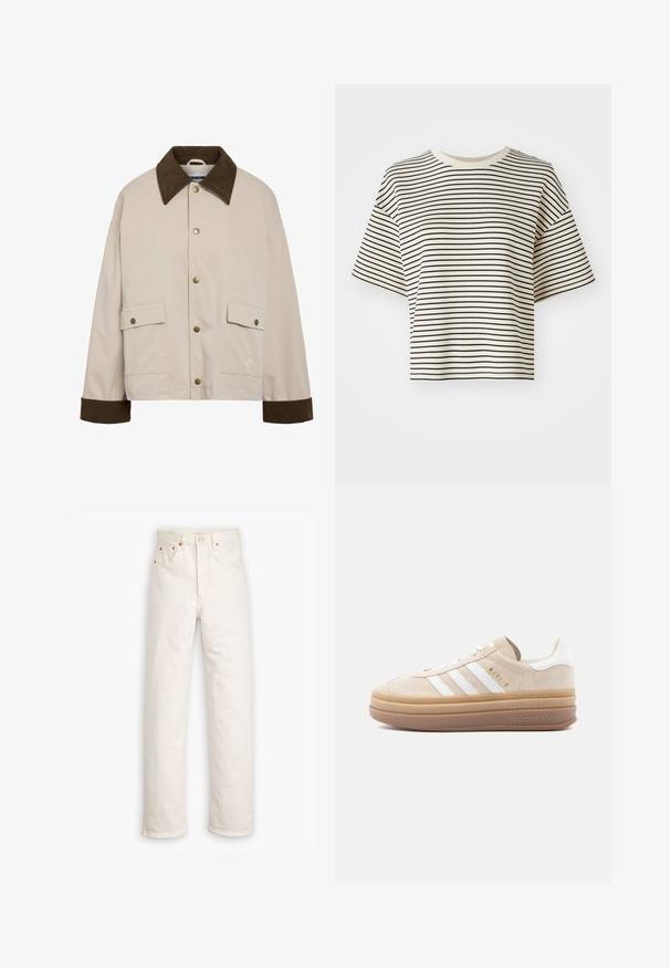 Noisy May NMNORA COLLAR JACKET - Let jakke / Sommerjakker - silver; Stribet cropped t-shirt med korte ærmer. Farve: off-white bund med tynde sorte vandrette striber. Materialet ser blødt ud, med en glat tekstur.; Hvide denim jeans med lige ben, fem-lommestil og kobberdetaljer. Rå kantfinish ved anklerne.; Beige ruskindsneaker med hvide læderdetaljer, der har tre hvide striber, et gyldent logo og en tyk, gennemsigtig gummisål.