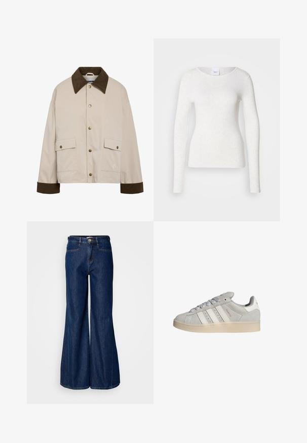 Noisy May NMNORA COLLAR JACKET - Lichte jas - silver; Wit T-shirt met lange mouwen van een zachte, lichtgewicht stof, met een ronde halslijn en een aansluitende pasvorm, met een subtiele textuur.; Brede donkerdenim jeans met een hoge taille, vijf zakken en metalen knoopsluiting. Glad oppervlak met subtiele stikdetails.; Grijze suède sneakers met witte leren accenten, drie witte strepen en een lichtgekleurde rubberen zool. Voorzien van platte veters en een ronde neus.