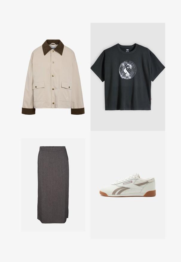 Noisy May Short - Let jakke / Sommerjakker - silver; Sort T-shirt med korte ærmer med et hvidt og gråt discokuglegrafik midt på fronten mod en ensfarvet lys baggrund.; Mørkegrå blyantskørt med tynde hvide lodrette nålestriber og et lille sideliv på en ensfarvet baggrund.; Hvid lavtop sneaker med lysegrå stribe accenter, gummisål og Reebok-logo med UK-flag på siden, vist mod en ensfarvet baggrund.