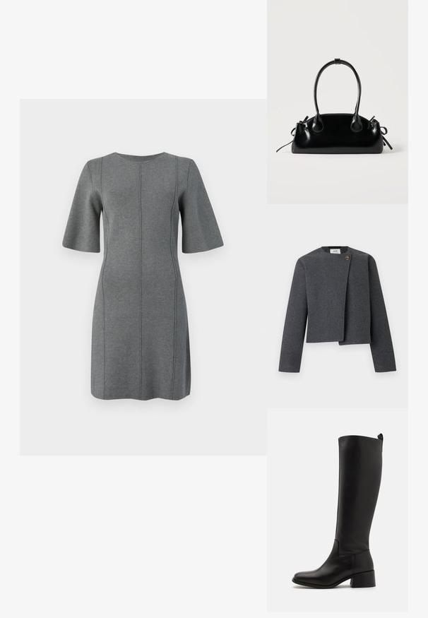 Veste grise courte en mélange de laine, avec un col rond, des manches longues et un bouton en bois en accent sur la fermeture avant.; Robe tricotée grise avec des manches courtes évasées, un col rond et des coutures verticales. Texture lisse et design longueur genou.; Botte noire montée à hauteur de genou en cuir lisse avec un talon blocs, une pointe arrondie et un design élégant sans embellissement.; Petit sac à main noir brillant avec deux longues anses et des détails à cordon sur les côtés sur un fond clair uni.