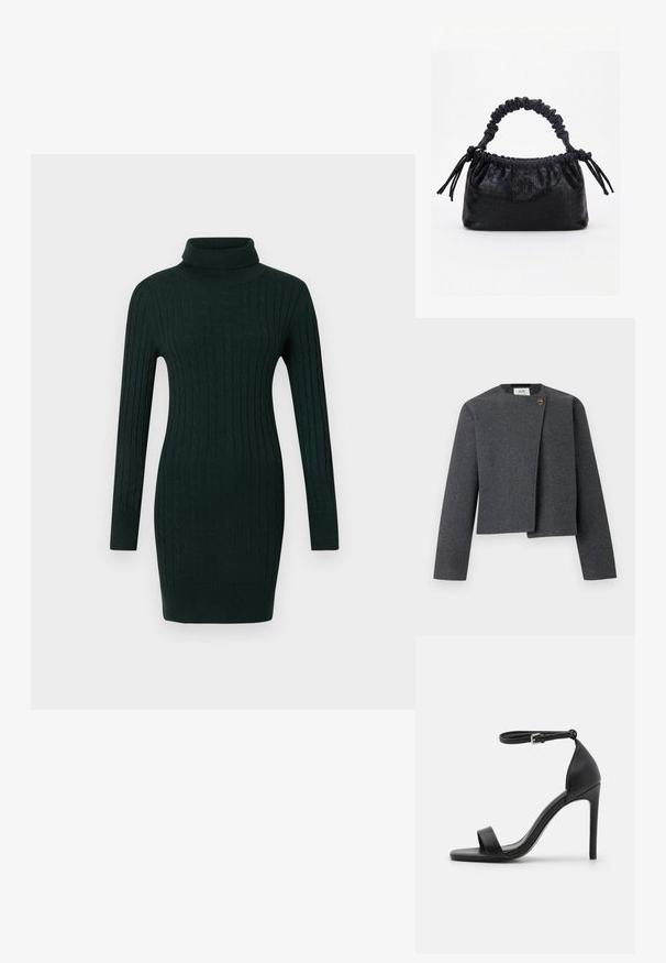 Grijze cropped jas van wolmix, met een ronde halslijn, lange mouwen en een houten knoop als accent op de voorzijde.; Donkergroen kabelgebreide jurk met lange mouwen en een fitted col op een effen achtergrond.; Zwarte sandalen met hoge hakken, met een slank ontwerp, voorzien van een enkelbandje, open teen en een gladde leren textuur.; Zwarte handtas met krokodillenstructuur, geplooide bovenrand, samengevoerde handgreep en koordtassels aan elke kant tegen een witte achtergrond.