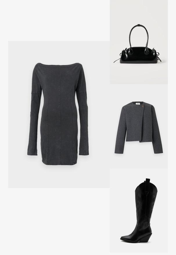 Grijze cropped jas van wolmix, met een ronde halslijn, lange mouwen en een houten knoop als accent op de voorzijde.; Zwarte, aansluitende off-the-shoulder jurk met lange mouwen, heeft een zachte textuur en subtiele glans, met op maat gemaakte naaddetails overal.; Zwarte leren cowboylaars met puntige neus, schuine blokhak, decoratieve stiksels en aantreklusjes bovenaan tegen een witte achtergrond.; Kleine zwarte glanzende handtas met twee lange hengsels en zijkant trekkoord details op een effen lichte achtergrond.