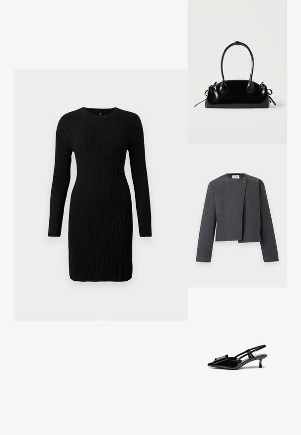 Veste grise courte en mélange de laine, avec un col rond, des manches longues et un bouton en bois en accent sur la fermeture avant.; Robe noire en maille côtelée à manches longues avec une silhouette ajustée et un col ras du cou, présentée sur un fond clair uni.; Talons aiguilles en cuir verni noir avec un bout pointu, un détail en nœud à l'avant et un petit talon stiletto. Les brides sont équipées de boucles ajustables.; Petit sac à main noir brillant avec deux longues anses et des détails à cordon sur les côtés sur un fond clair uni.