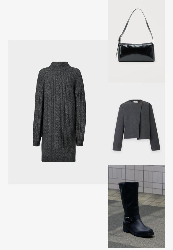 Grijze cropped jas van wolmix, met een ronde halslijn, lange mouwen en een houten knoop als accent op de voorzijde.; Donkergrijs kabelgebreid lang trui-jurk met geribbelde hoge hals, manchetten en zoom op een witte achtergrond.; Zwarte leren kuitlaars met een lage blokhak en een decoratieve riem met metalen gesp rond de enkel, op een betegeld trottoir.; Zwarte rechthoekige schoudertas met een enkele verstelbare band en een bovenste ritssluiting op een effen achtergrond.