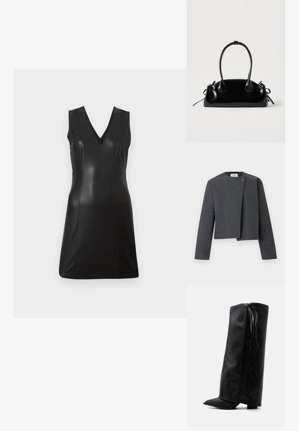 Veste grise courte en mélange de laine, avec un col rond, des manches longues et un bouton en bois en accent sur la fermeture avant.; Robe noire sans manches en simili cuir avec décolleté en V et coutures ajustées, longueur genoux, sur un fond clair uni.; Botte noire en cuir montante jusqu’au genou avec bout pointu et franges décoratives le long du côté extérieur sur fond blanc uni.; Petit sac à main noir brillant avec deux longues anses et des détails à cordon sur les côtés sur un fond clair uni.