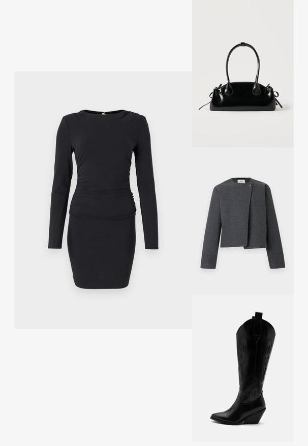 Veste grise courte en mélange de laine, avec un col rond, des manches longues et un bouton en bois en accent sur la fermeture avant.; Robe noire à manches longues en tissu extensible, présentant une silhouette ajustée, un ruché sur le côté et une petite fermeture à ouverture en forme de clé au dos.; Botte de cowboy en cuir noir avec bout pointu, talon bloc incliné, couture décorative et languettes en haut sur fond blanc.; Petit sac à main noir brillant avec deux longues anses et des détails à cordon sur les côtés sur un fond clair uni.