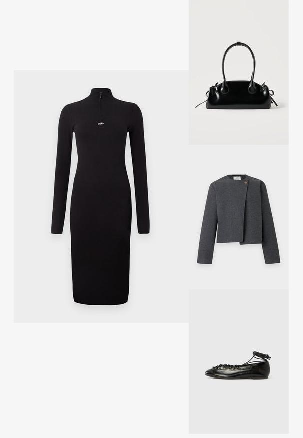 Graue Cropped-Jacke aus Wollmischung mit rundem Ausschnitt, langen Ärmeln und einem Holzknopf-Akzent am Vorderverschluss.; Schwarzes, geripptes langärmliges Kleid mit einem halbseitigen Reißverschlusskragen und figurbetonter Silhouette, mit einem kleinen Logo auf der Brust. Glatte Textur.; Schwarze Ballerinas aus Lackleder mit runder Spitze, Schnürdesign und flacher Sohle. Glatte Textur mit minimaler Verzierung.; Kleine schwarze glänzende Handtasche mit zwei langen Griffen und seitlichen Kordelzug-Details vor einfachem hellem Hintergrund.