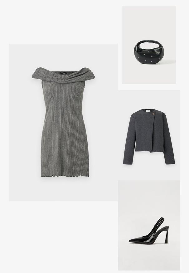 Graue Cropped-Jacke aus Wollmischung mit rundem Ausschnitt, langen Ärmeln und einem Holzknopf-Akzent am Vorderverschluss.; Graues, schulterfreies Kleid mit vertikal gerippter Textur, das über einen breiten, gefalteten Ausschnitt und einen gewellten Saum verfügt.; Schwarze Lackleder Slingback-Pumps mit spitzem Zehenbereich, schlankem hohen Absatz und doppeltem elastischen Riemen für einen sicheren Sitz. Glatte, glänzende Oberfläche.; Schwarze Lederhandtasche mit abgerundeter Form, verziert mit silbernen Nietenakzenten und kurzem Griff. Glatte Struktur und Reißverschlussverschluss.