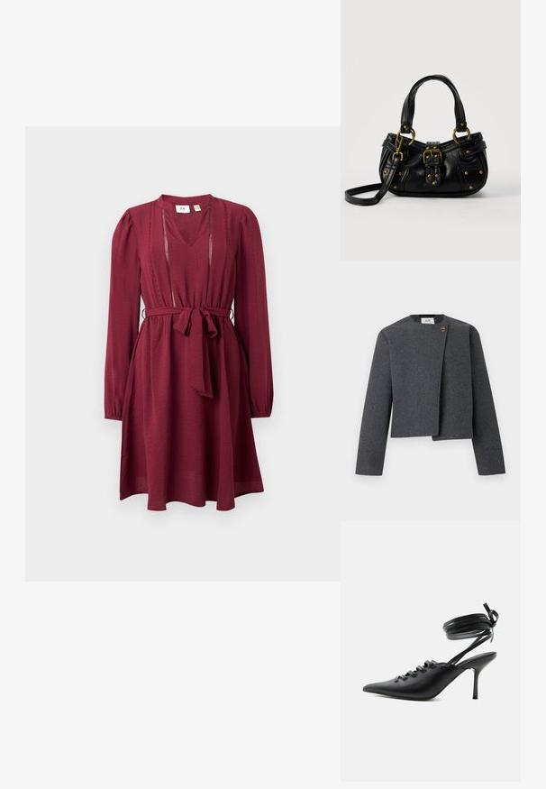 Grijze cropped jas van wolmix, met een ronde halslijn, lange mouwen en een houten knoop als accent op de voorzijde.; Bordeaux jurk met lange mouwen, V-hals, cinched taille en strikriem; heeft fijne stiksels rond de halslijn. Zachte stoftextuur.; Zwarte pumps met spitse neus en hoge hak, met veters aan de voorkant en riempjes die rond de enkel wikkelen en zijn gestrikt in een strik, gezien vanaf de zijkant tegen een witte achtergrond.; Zwarte leren handtas met gouden gesp en klinknagel details, korte handvatten en een verstelbare schouderriem op een effen witte achtergrond.