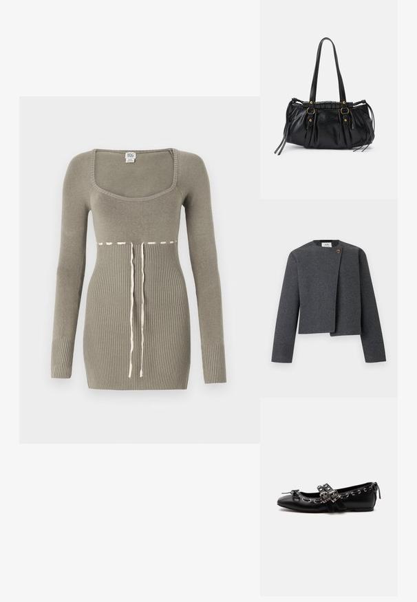 Veste grise courte en mélange de laine, avec un col rond, des manches longues et un bouton en bois en accent sur la fermeture avant.; Robe tricotée verte à manches longues, décolleté carré, texture côtelée sur le corps et détail de cordon à la taille en blanc contrastant.; Chaussure de ballet plate noire avec doubles brides à boucle, œillets argentés et petit nœud près de l’orteil arrondi sur fond blanc.; Sac à main en cuir noir avec une forme arrondie, deux poignées, des accents en matériel décoratif et des détails de liens sur les côtés. Texture lisse et brillante.