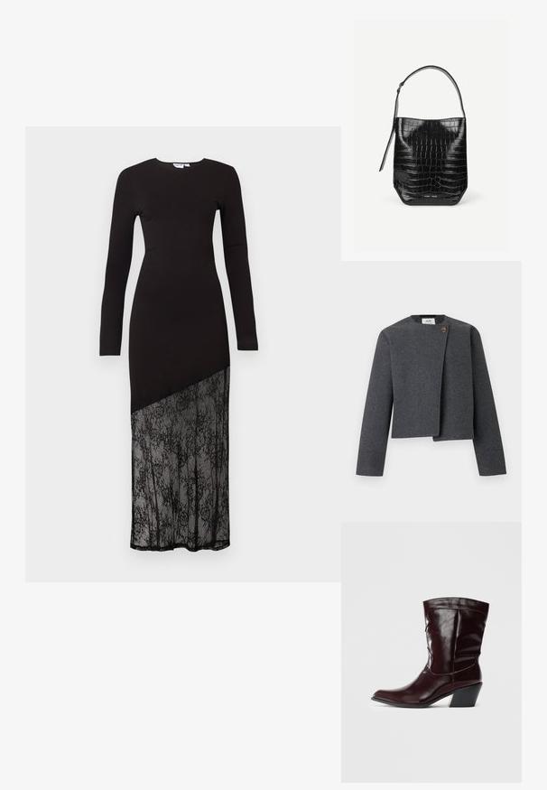 Grijze cropped jas van wolmix, met een ronde halslijn, lange mouwen en een houten knoop als accent op de voorzijde.; Zwart lang mouwjurk met een getailleerde top en een semi-transparante kantpaneel aan de onderkant, wat een stijlvolle, moderne silhouet creëert.; Bordeaux leren enkellaarsjes met een spitse neus, textuur op het oppervlak en een taps toelopende lage hak. Heeft subtiele stiksels en een strakke pasvorm.; Zwarte embleem van krokodillenleer met een enkele schouderriem en een klein zilveren merkembleem aan de onderkant van de voorkant.