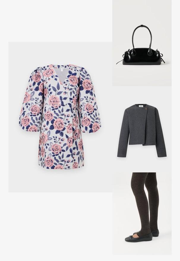 Chaqueta corta gris de mezcla de lana, con escote redondo, mangas largas y un botón de madera como detalle en el cierre frontal.; Vestido envolvente floral con fondo gris claro, rosas rosas, hojas azul oscuro y mangas de globo de tres cuartos. Se ata en la cintura.; Piernas con leggings oscuros acanalados combinados con bailarinas negras que presentan pequeños detalles de lazo sobre un fondo blanco.; Pequeño bolso negro brillante con dos asas largas y detalles de cordón lateral sobre un fondo claro liso.