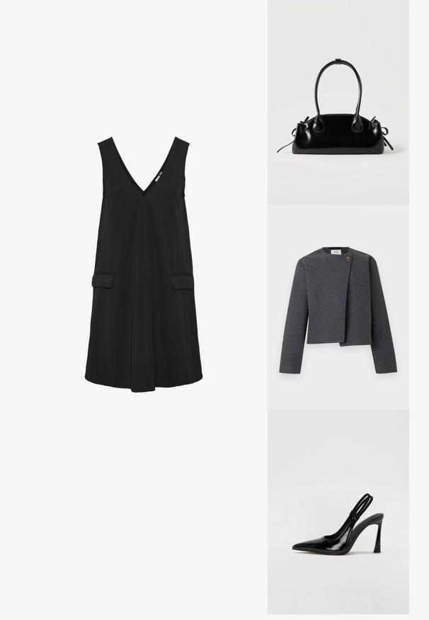 Grijze cropped jas van wolmix, met een ronde halslijn, lange mouwen en een houten knoop als accent op de voorzijde.; Zwarte mouwloze V-hals jurk met voorflappen en A-lijn silhouet.; Zwarte gepatineerde leren slingback pump met puntige neus, slanke hoge hak en dubbele elastische band voor een veilige pasvorm. Gladde, glanzende oppervlakte.; Kleine zwarte glanzende handtas met twee lange hengsels en zijkant trekkoord details op een effen lichte achtergrond.