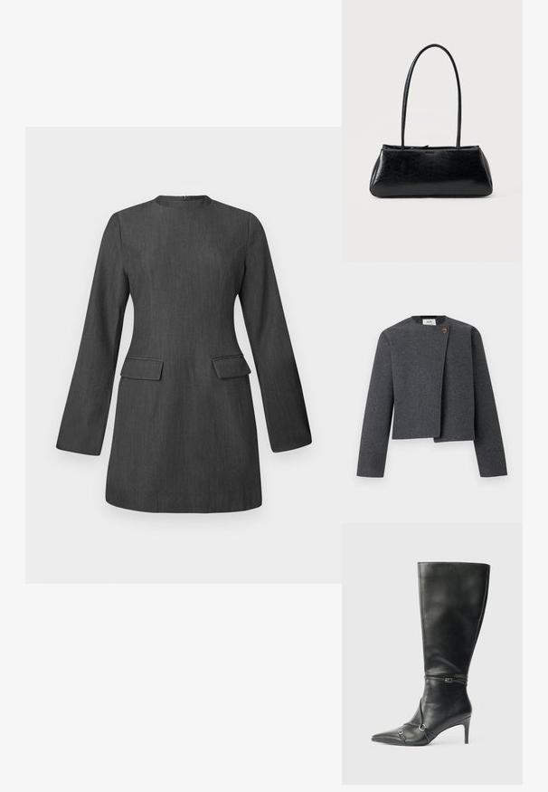 Chaqueta corta gris de mezcla de lana, con escote redondo, mangas largas y un botón de madera como detalle en el cierre frontal.; Vestido gris a medida con mangas largas, escote redondo y dos bolsillos frontales. Hecho de una tela texturada, presenta un diseño elegante y estructurado.; Botas negras de cuero hasta la rodilla con tacón delgado, punta afilada y detalles de diseño con correas en el tobillo. Textura suave y diseño ajustado.; Bolso de hombro rectangular negro con correas largas y delgadas y una textura lisa y brillante sobre un fondo liso.
