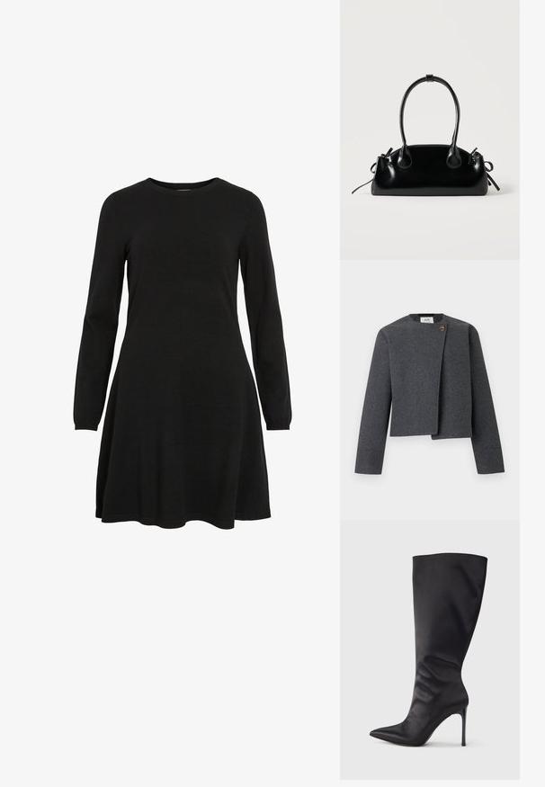 Chaqueta corta gris de mezcla de lana, con escote redondo, mangas largas y un botón de madera como detalle en el cierre frontal.; Vestido negro de manga larga hecho de tela de punto, con escote redondo y dobladillo acampanado, que ofrece una silueta simple y ajustada.; Bota negra hasta la rodilla con tacón de aguja, hecha de material liso y elegante; punta puntiaguda; ajuste ceñido con un sutil fruncido cerca del tobillo; tacón brillante.; Pequeño bolso negro brillante con dos asas largas y detalles de cordón lateral sobre un fondo claro liso.