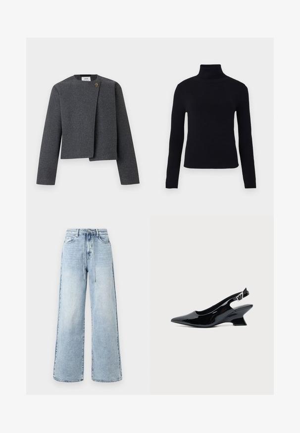 Graue Cropped-Jacke aus Wollmischung mit rundem Ausschnitt, langen Ärmeln und einem Holzknopf-Akzent am Vorderverschluss.; Schwarzer Rollkragenpullover mit langen Ärmeln, glatter Textur, körperbetontem Design und dickem geripptem Kragen, ideal zum Layering.; Hellblaue, weit geschnittene Jeans aus Denim mit hoher Taille, Kordelzugverschluss und fünf Taschen, mit minimaler Ausbleichung.; Schwarzer Slingback-Schuh aus Lackleder mit spitzer Spitze und niedrigem, schrägem Blockabsatz auf einfachem hellem Hintergrund.