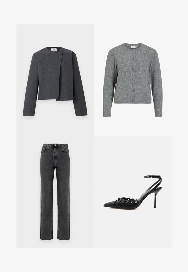 Graue Cropped-Jacke aus Wollmischung mit rundem Ausschnitt, langen Ärmeln und einem Holzknopf-Akzent am Vorderverschluss.; Grau gestrickte Wolle-Kardigan mit Rundhalsausschnitt, langen Ärmeln und sechs dekorativen Knöpfen in Silberoptik auf der Vorderseite. Weiche Textur, minimalistisches Design.; Graue Denim-Jeans im Straight-Leg-Schnitt mit einem verblassten Finish, fünf Taschen und einem Knopfverschluss. Mit klassischer Naht entlang der Nähte.; Schwarzer, spitzer High-Heel-Schuh mit geschwungenen Kanten, Metallösen, Schnürung vorne und Knöchelriemen mit Schnallverschluss.