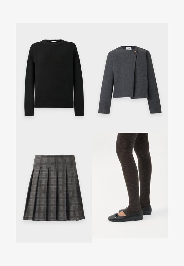 Grijze cropped jas van wolmix, met een ronde halslijn, lange mouwen en een houten knoop als accent op de voorzijde.; Zwarte longsleeve trui met ronde hals en geribde manchetten en zoom, weergegeven op een effen lichtgrijze achtergrond.; Plissé rok in een grijs ruitpatroon, gemaakt van een gestructureerde stof. Kenmerkt zich door verticale plooien en een rechte zoom.; Benen met donkere geribbelde leggings gecombineerd met zwarte ballerina's met kleine strikdetails op een witte achtergrond.