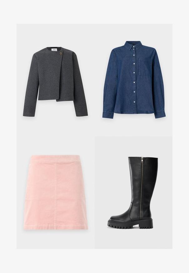 Graue Cropped-Jacke aus Wollmischung mit rundem Ausschnitt, langen Ärmeln und einem Holzknopf-Akzent am Vorderverschluss.; Dunkelblaue Denim-Hemd mit langen Ärmeln, Knopfverschluss vorne, spitzen Kragen, einer Brusttasche und Knopfmanschetten.; Rosa Cord-Ripp-Minirock mit taillierter Passform und vertikaler Rippstruktur. Der Saum ist gerade und er hat ein schlichtes Design ohne Verzierungen.; Schwarze kniehohe Stiefel aus Leder mit einem seitlichen Reißverschluss, strukturiertem Finish, runder Spitze und robuster Gummisohle mit einem segmentierten Profil.