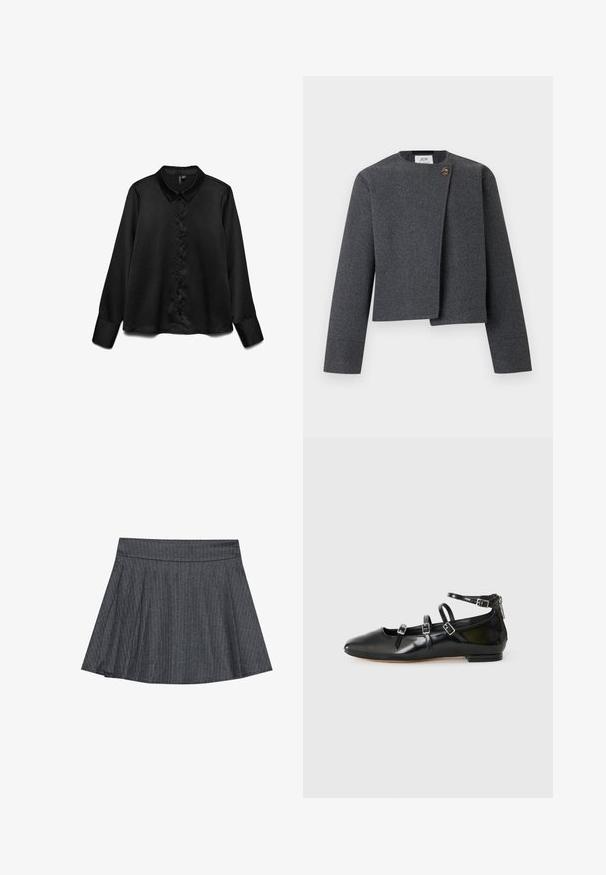 Grijze cropped jas van wolmix, met een ronde halslijn, lange mouwen en een houten knoop als accent op de voorzijde.; Zwarte lange mouwen shirt van soepel materiaal, met een knoopsluiting aan de voorkant, klassieke kraag en een subtiele glans. Getailleerde pasvorm met omgeslagen mouwen.; Grijze pinstriped skaterrok met een aansluitende tailleband, uitlopende A-lijnvorm en zachte stoftextuur. Verticale lijnen vergroten de visuele belangstelling.; ALDO NELTA - Ballerina's - black
