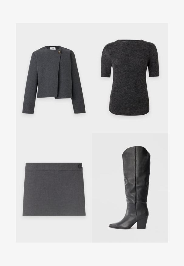 Veste grise courte en mélange de laine, avec un col rond, des manches longues et un bouton en bois en accent sur la fermeture avant.; T-shirt à manches courtes en tissu tricoté gris foncé, présentant un col rond et une silhouette ajustée avec une texture lisse.; Jupe en tissu gris présentant une texture douce, un design droit et un unique bouton noir à la taille, avec une esthétique épurée et simple.; Bottes noires en cuir, montant jusqu'au genou, avec un bout pointu et un talon épais. Le design présente une texture lisse et des lignes minimalistes.