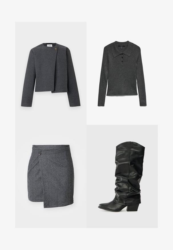 Chaqueta corta gris de mezcla de lana, con escote redondo, mangas largas y un botón de madera como detalle en el cierre frontal.; Polo de manga larga con cuello y canalé de color gris oscuro, con tres botones negros en el escote y un dobladillo ligeramente cropped.; Falda envolvente en espiga gris hecha de tejido de lana texturizado, con un cierre de un solo botón en la cintura y un dobladillo asimétrico.; Botas de cuero negro hasta la rodilla con un diseño arrugado, punta afilada y un tacón grueso, con una textura suave y una costura mínima.