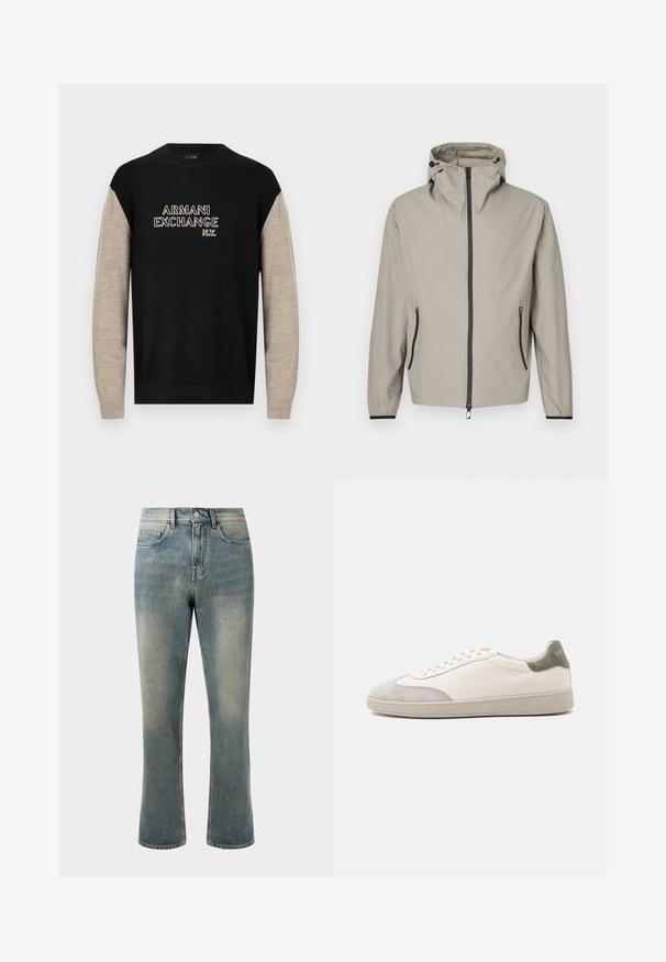 Let regnjakke i beige med tekstureret finish, justerbar hætte, frontlynlås og to sidelommer med sorte detaljer.; Sort og beige sweater med lange ærmer, der har en rund halsudskæring og "ARMANI EXCHANGE N.Y." logo i kontrasterende hvid syning.; Lys blå denim jeans med lige ben, mellemhøj talje og subtilt slid. Har klassisk lomme-design og kontrasterende stikninger.; Hvid lav sneaker med lysegrå ruskind på tå og hæl, hvide snørebånd og en flad beige sål, vist fra ydersiden.