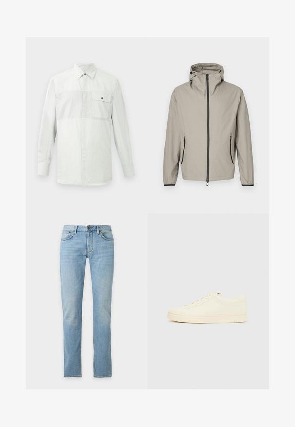Chaqueta impermeable ligera de color beige con acabado texturizado, capucha ajustable, cremallera frontal y dos bolsillos laterales con detalles en negro.; Camisa blanca de manga larga con botones, con sutiles rayas verticales y un bolsillo en el pecho, abotonado, en el lado izquierdo.; Vaqueros vaqueros azul claro de pierna recta con bolsillos delanteros, trabillas para cinturón y cierre de botón sobre un fondo liso.; Zapatilla de color crema con parte superior de cuero liso, puntera redondeada, cierre de cordones y suela de goma texturizada. Diseño minimalista, sin logotipos.
