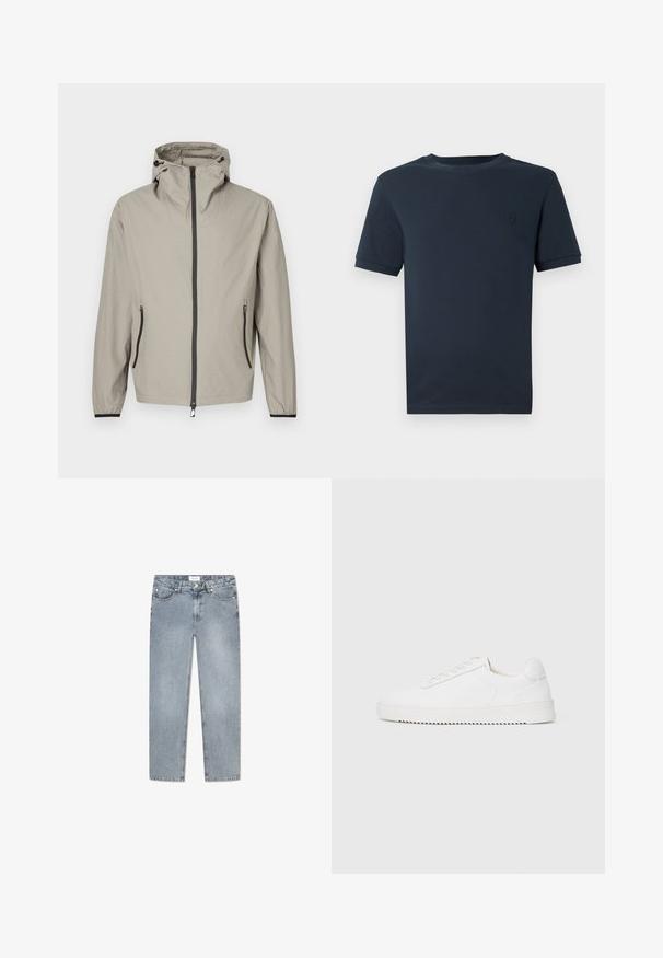 Let regnjakke i beige med tekstureret finish, justerbar hætte, frontlynlås og to sidelommer med sorte detaljer.; Mørkeblå bomulds t-shirt med korte ærmer, rund hals og et lille tekstureret logo på venstre brystområde. Glat stoffinish.; Lyseblå denimjeans med lige pasform, fem-pocket design, knaplukning, subtilt slid og syet detaljer langs lommerne.; Hvid sneaker med en glat læderoverdel, rund tå, snørebånd, teksturerede sideaccenter og en tyk gummisål. Minimalistisk design.