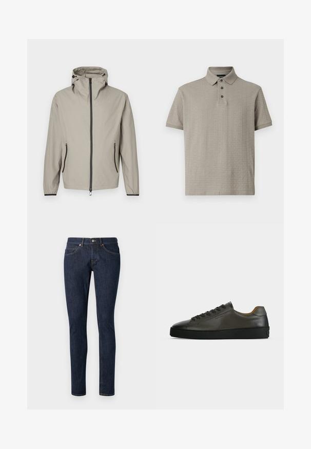 Lichtgewicht, beige regenjas met een gestructureerde afwerking, verstelbare capuchon, ritssluiting aan de voorkant en twee zijzakken met zwarte accenten.; Lichtgrijs poloshirt van gestructureerde stof met een kraag, drie knopen en een subtiel reliëflogo patroon.; Donkerblauwe jeans van denim met een slim fit, met vijf zakken, contrasterende oranje stiksels en een ritsvak met een enkele knoopsluiting.; Donkergrijze leren lage sneaker met zwarte veters en zool, minimalistisch ontwerp, zijaanzicht op een effen lichte achtergrond.