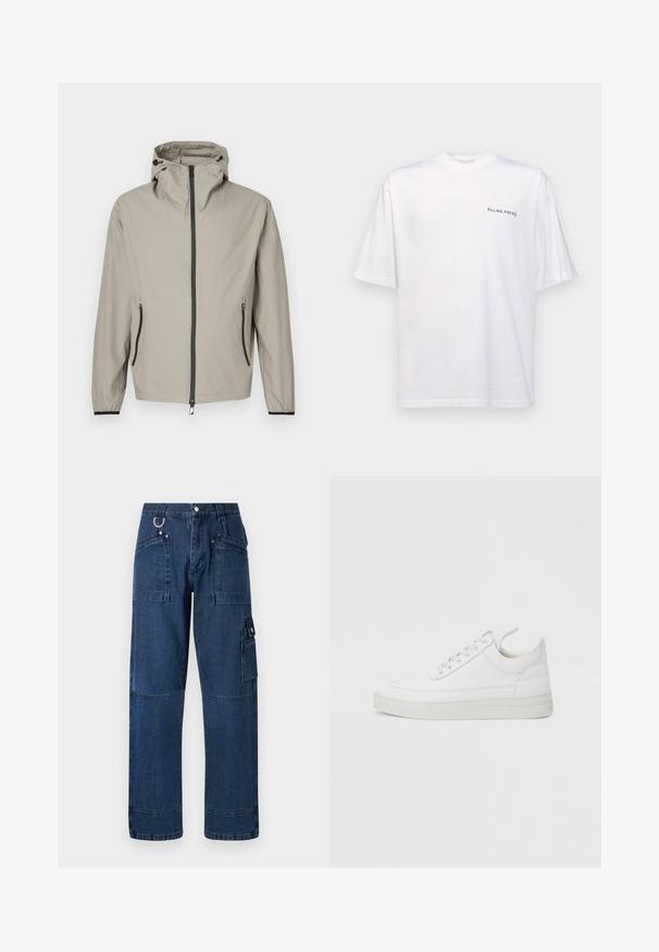 Let regnjakke i beige med tekstureret finish, justerbar hætte, frontlynlås og to sidelommer med sorte detaljer.; Hvid kortærmet t-shirt i bomuld med v-hals, med et sort "FILLING PIECES" logo trykt på venstre side.; Mørkeblå denim cargo bukser med lige snit, der har flere lommer, metalbeslag og kontraststikningsdetaljer.; Hvid lædersneaker med rundet tå, flad sål og snørebånd foran. Har syningsdetaljer og polstret krave for komfort.